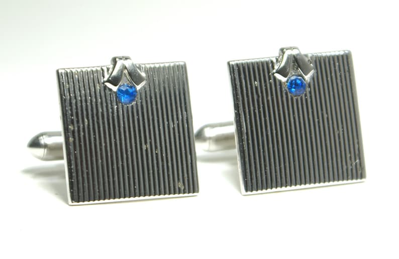 Very Don Draper Square Elegant pair of vintage Swank wedding cufflinks in grooved silver and black with brilliant blue crystal inset