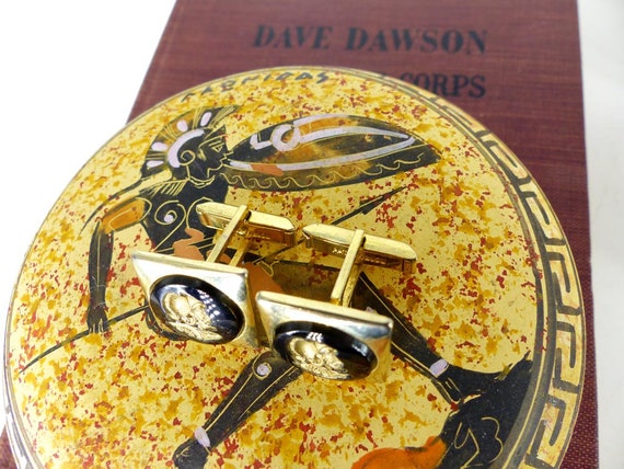 Groom gift, special gold and black vintage detailed Roman soldier cufflinks. Gold carving under glass. Free gift packaging View 3
