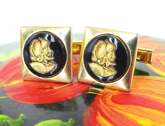 Groom gift, special gold and black vintage detailed Roman soldier cufflinks. Gold carving under glass. Free gift packaging View 2