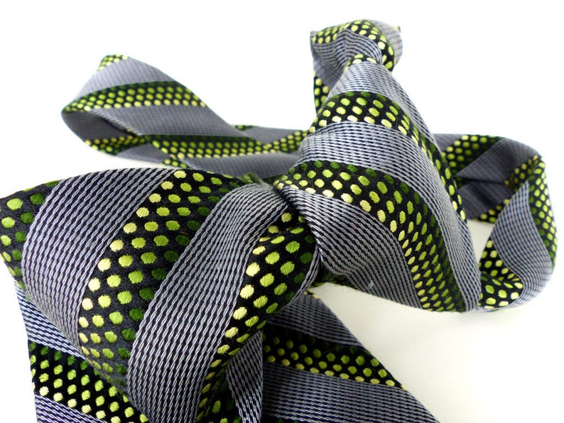 Modern woven silk necktie by Stefano Conti Diagonal stripes in silver gray and black with dot pattern in shades of green