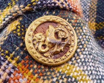 Circa 1900s Antique wood and brass "Fisherman, profile Sea Serpent" mantique MagTAK upcycled magnetic pin with silk covered back button.