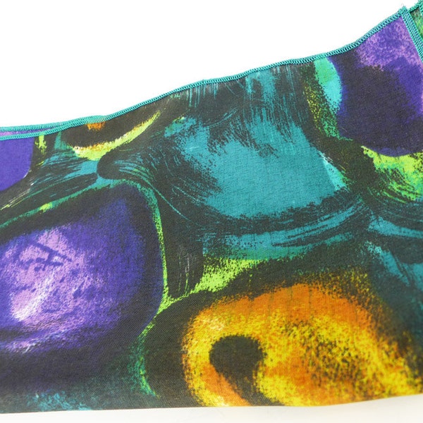 Silk Pocket square in a mod abstract watercolor design. Teal, lime green, black, orange & purple. Contrast edges