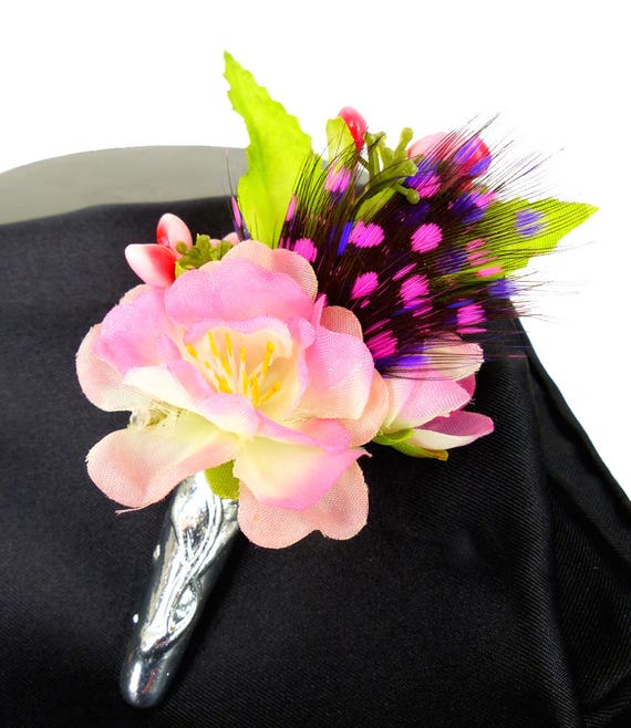 Groom Boutonniere Magnetic Flower Corsage Lapel Vase Pin. Black Metal Base  With Antique Pink Rose & White Floral and Branch Arrangement 