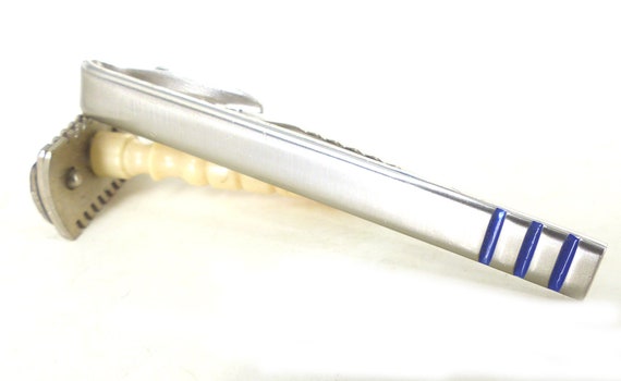Vintage HICKOK brushed silver tie bar with blue s… - image 3