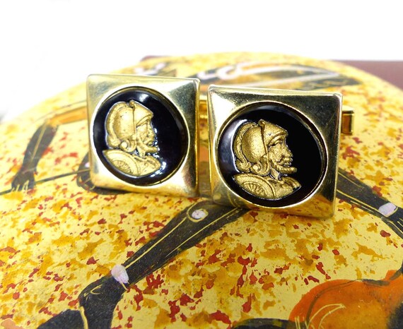 Groom gift, special gold and black vintage detailed Roman soldier cufflinks. Gold carving under glass. Free gift packaging