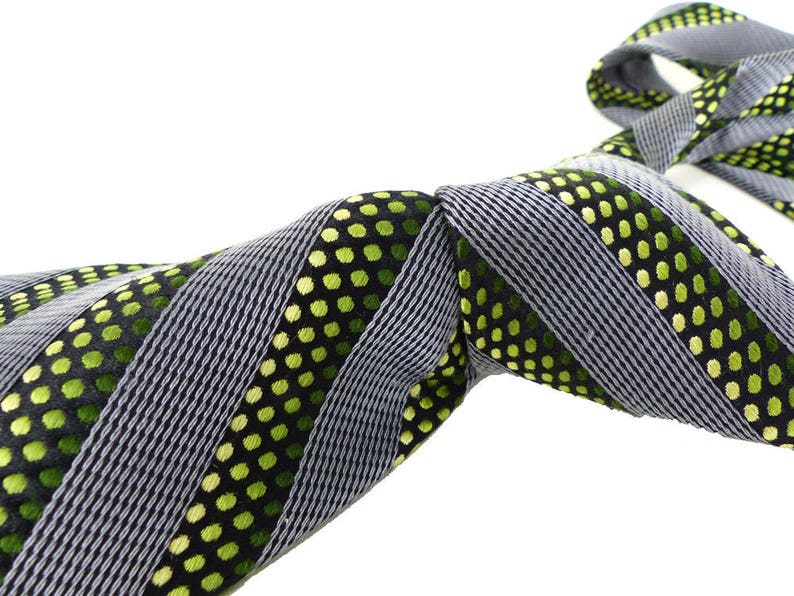 Modern woven silk necktie by Stefano Conti Diagonal stripes in silver gray and black with dot pattern in shades of green