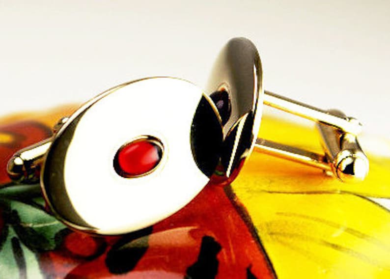 Gold setting with polished red glass center design Vintage oval cufflinks Classic Don Draper