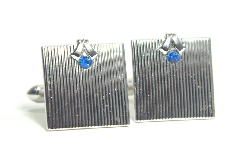 Very Don Draper Square Elegant pair of vintage Swank wedding cufflinks in grooved silver and black with brilliant blue crystal inset