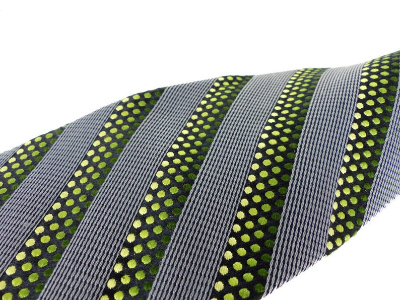 Modern woven silk necktie by Stefano Conti Diagonal stripes in silver gray and black with dot pattern in shades of green