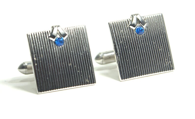 Very Don Draper Square Elegant pair of vintage Swank wedding cufflinks in grooved silver and black with brilliant blue crystal inset