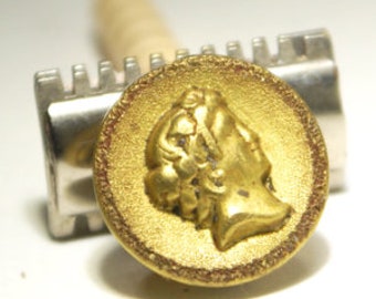 Miniature art Circa. 1900's Antique Victorian "Grecian Profile" gold brass design upcycled a magnetic pin with a silk covered back button.