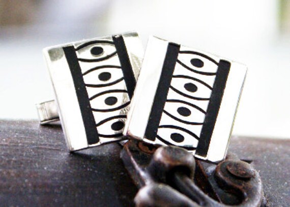 Vintage square silver with black cufflinks inset … - image 1
