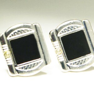 Vintage set of silver and black art deco looking set of cufflinks. Wedding choice with little rhinestone detail.
