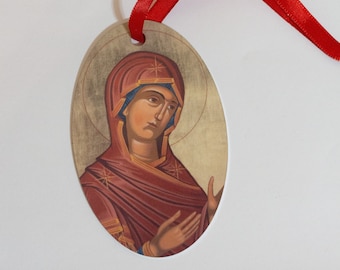 Mary Mother of God Christmas Ornament, Metal Tree Ornament, Catholic Theotokos Icon, Iconography, Oval Ornament