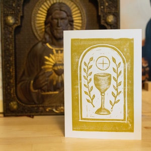 Carte de voeux linogravure « Paix » imprimée à la main, Eucharistie, hostie et calice, carte de première communion, or, cuivre, étain, intérieur vierge