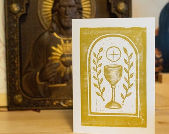 Hand Printed "Peace" Linocut Greeting Card, Eucharist, Host and Chalice, First Holy Communion Card, Gold, Copper, Pewter, Blank Interior