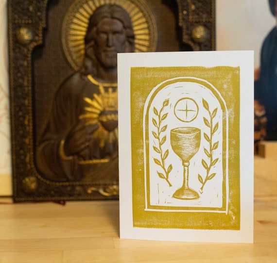 Hand Printed "Peace" Linocut Greeting Card, Eucharist, Host and Chalice, First Holy Communion Card, Gold, Copper, Pewter, Blank Interior