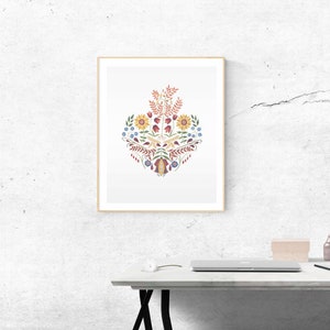 Folk Art Sacred Heart of Jesus- Giclee Print, high quality Catholic home decor, 5x7, 8x10, floral art