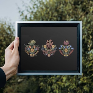 Folk Art Holy Family Hearts- Giclee Print, Sacred Heart of Jesus, Immaculate Heart of Mary, Chaste Heart of Joseph