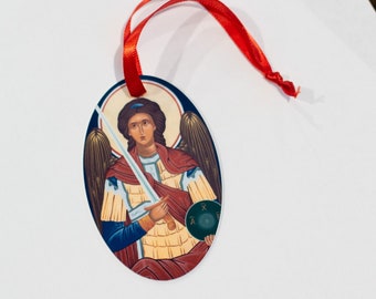 Saint Michael the Archangel Christmas Ornament, Christian Tree Ornament, Catholic Icon, Iconography, Oval Ornament, Angel Ornament