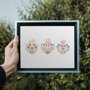 Arte popular Holy Family Hearts - Giclee Print, impresión católica de alta calidad, sagrado, Inmaculado y Casto Corazones de Jesús María y José