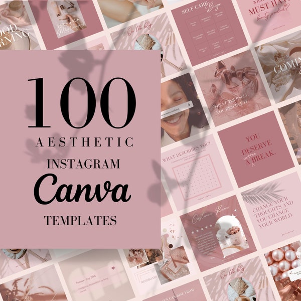 100 Instagram Templates Canva Post Story Rose Gold Mauve Pink Red Feminine Aesthetic Skincare Beauty Influencer Blogger Done for You Content