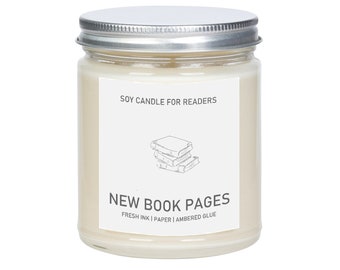 New Books - New Book Pages - 8 oz Glass Jar Literary Soy Candle - Book Candle - Book Lover Gift - Soy Candle Handmade.