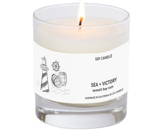 Sea + Victory Soy Candle. Sea Salt Bay Rum. 8 oz Tumbler. Scented Soy Candle. Soy Candles Handmade.Hand-sketched design label.