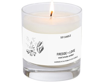 Fireside + Love Soy Candle. Wood Smoke - Amber. 8 oz Tumbler. Scented Soy Candle. Soy Candles Handmade.Hand-sketched design label.