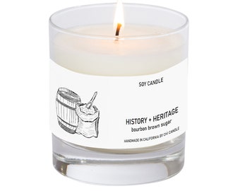 History + Heritage Soy Candle.  Bourbon - Brown Sugar. 8 oz Tumbler. Scented Soy Candle. Soy Candles Handmade.Hand-sketched design label.