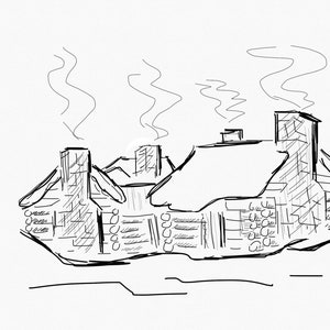 K&ouml;nnte beinhalten: Eine Schwarzwei&szlig;skizze einer Blockh&uuml;tte mit Rauch aus den Schornsteinen.