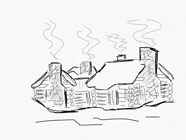 K&ouml;nnte beinhalten: Eine Schwarzwei&szlig;skizze einer Blockh&uuml;tte mit Rauch aus den Schornsteinen.