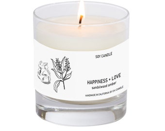 Happiness + Love Soy Candle. Sandalwood Amber tropical breeze 8 oz Tumbler. Scented Soy Candle. Soy Candles Handmade.Hand-sketched design.
