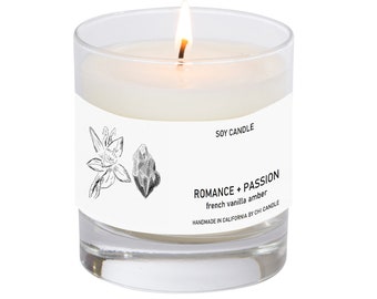 Romance + Passion Soy Candle. French Vanilla & Amber. 8 oz Tumbler. Scented Soy Candle. Soy Candles Handmade.Hand-sketched design label.