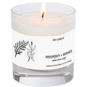 Prosperity Wishes Soy Candle. Cedarwood Sage. 8 oz Tumbler. Scented Soy Candle. Soy Candles Handmade.Hand-sketched design label. image 2