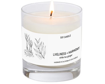 Liveliness + Harmony Soy Candle. White Tea & Ginger. 8 oz Tumbler. Scented Soy Candle. Soy Candles Handmade.Hand-sketched design label.