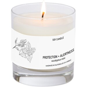 May include: A white soy candle in a clear glass jar with a black and white illustration of eucalyptus leaves. The label reads "Protection + Alertness eucalyptus mint Handmade in California by Chi Candle".