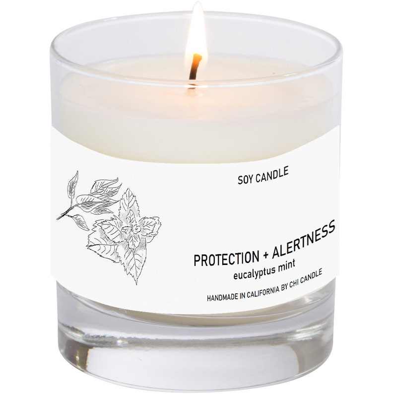 May include: A white soy candle in a clear glass jar with a black and white illustration of eucalyptus leaves. The label reads "Protection + Alertness eucalyptus mint Handmade in California by Chi Candle".