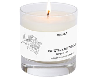 Protección + Alerta Vela de Soja. Menta de eucalipto 8 oz Tumbler. Vela de soja perfumada. Velas de soja hechas a mano.etiqueta de diseño esbozada a mano.