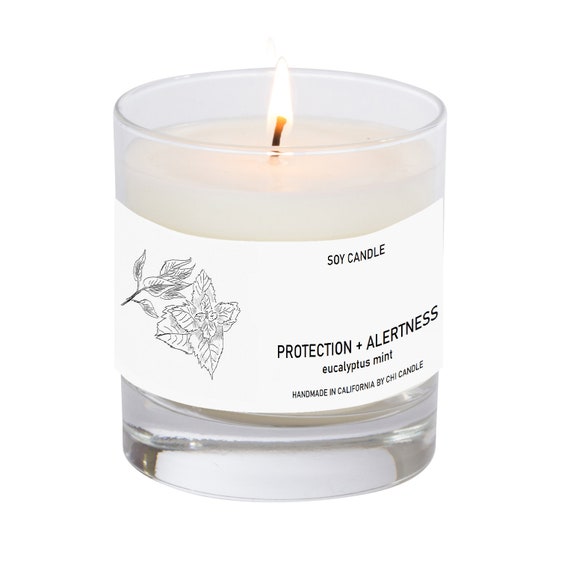 Protection + Alertness Soy Candle. Eucalyptus mint 8 oz Tumbler. Scented Soy Candle. Soy Candles Handmade.Hand-sketched design label.