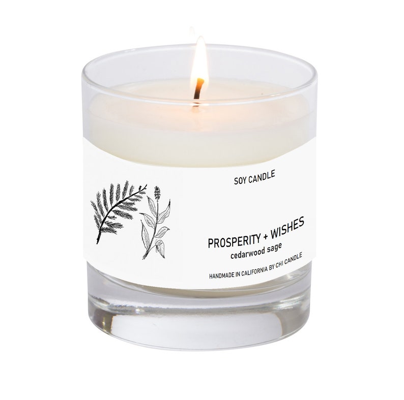 Prosperity Wishes Soy Candle. Cedarwood Sage. 8 oz Tumbler. Scented Soy Candle. Soy Candles Handmade.Hand-sketched design label. image 1