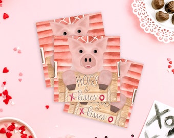 Hogs and Kisses Kids printable Pig Valentines Day Card for the Classroom, Valentines tags with piggy for school, Pig Valentine, Kisses tag