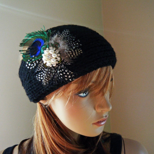 knitted black peacock headband with pearls, rinestones, and feathers, adjustable coconut closure, knitted headband, winter headband