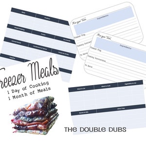 Puede incluir: Un planificador de comidas congeladas imprimible con el texto "Freezer Meals 1 Day of Cooking 1 Month of Meals" y el texto "The Double Dubs". El planificador incluye secciones para ingredientes, preparación en el congelador, instrucciones de cocción y para servir. También hay secciones para carne para cortar, carne para cocinar, verduras para cortar, salsas para mezclar y otra preparación.