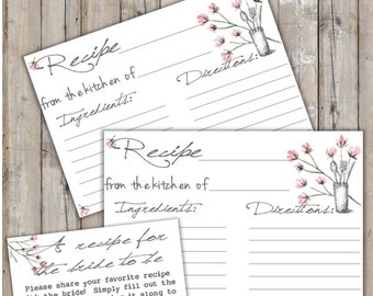 Printable Recipe Card - Digital File Floral Recipe Card - Instant Download Rustic Floral Recipe Card - Bridal Shower Game