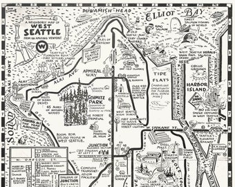 May include: A black and white illustrated map of West Seattle, Washington. The map shows the location of various landmarks, including Schmitz Park, Harbor Island, and the junction of 15th Ave and West Seattle.