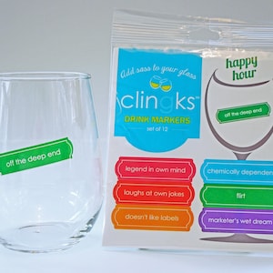 Happy Hour Drink Marker: Freche Weinglas-Aufkleber - 12er-Set