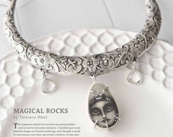 Famous Pebble Necklace published in Jewelry Affaire magazine with crowned moon goddess, rustic floral collar, and faceted crystal charms.