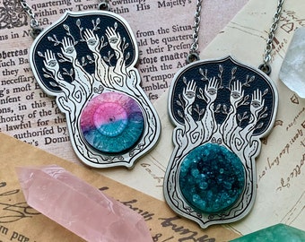 Tree of Fate necklaces. Set No 5, with dyed Solar Quartz (sold) and green Druzy Agate (in stock). Custom length chain.