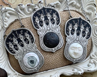 Tree of Fate necklaces. Set No 4, with Solar Quartz, Black Lava Rock, and Carved Double Moon. Custom length chain.